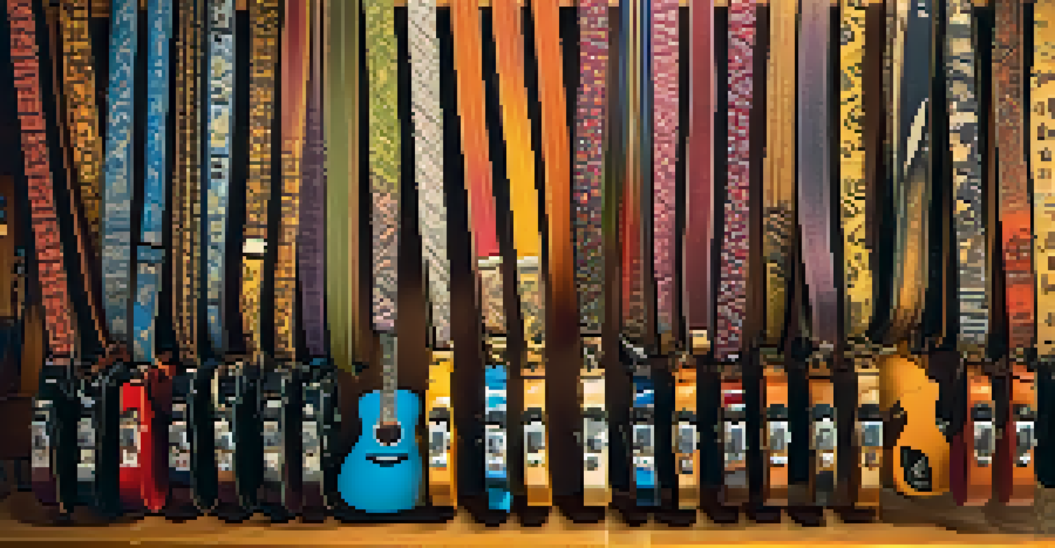 A display of colorful guitar straps in a music shop, showcasing different patterns and materials in warm lighting.