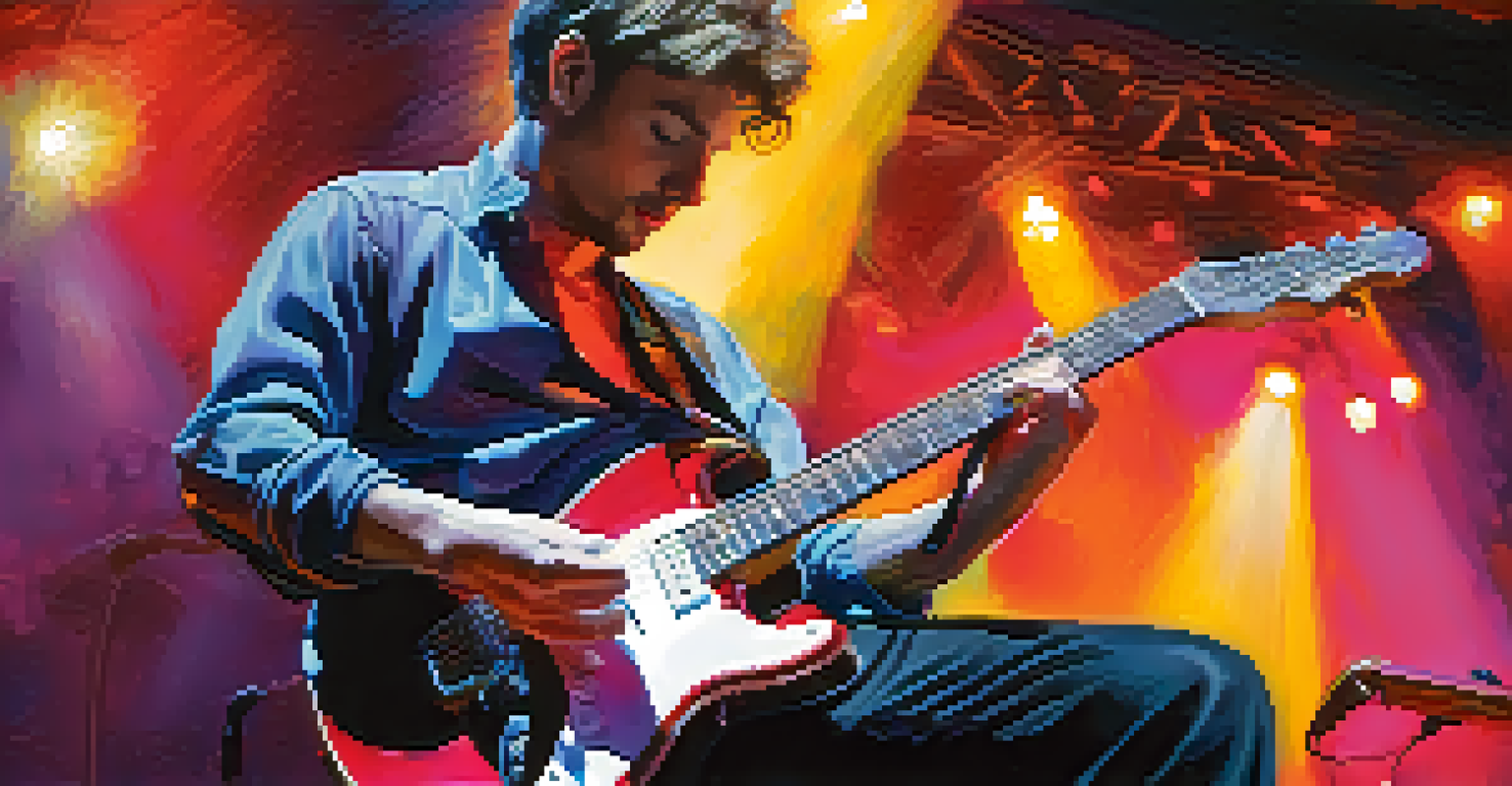 A guitarist performing on stage, showcasing legato techniques with colorful stage lights and an engaged audience.