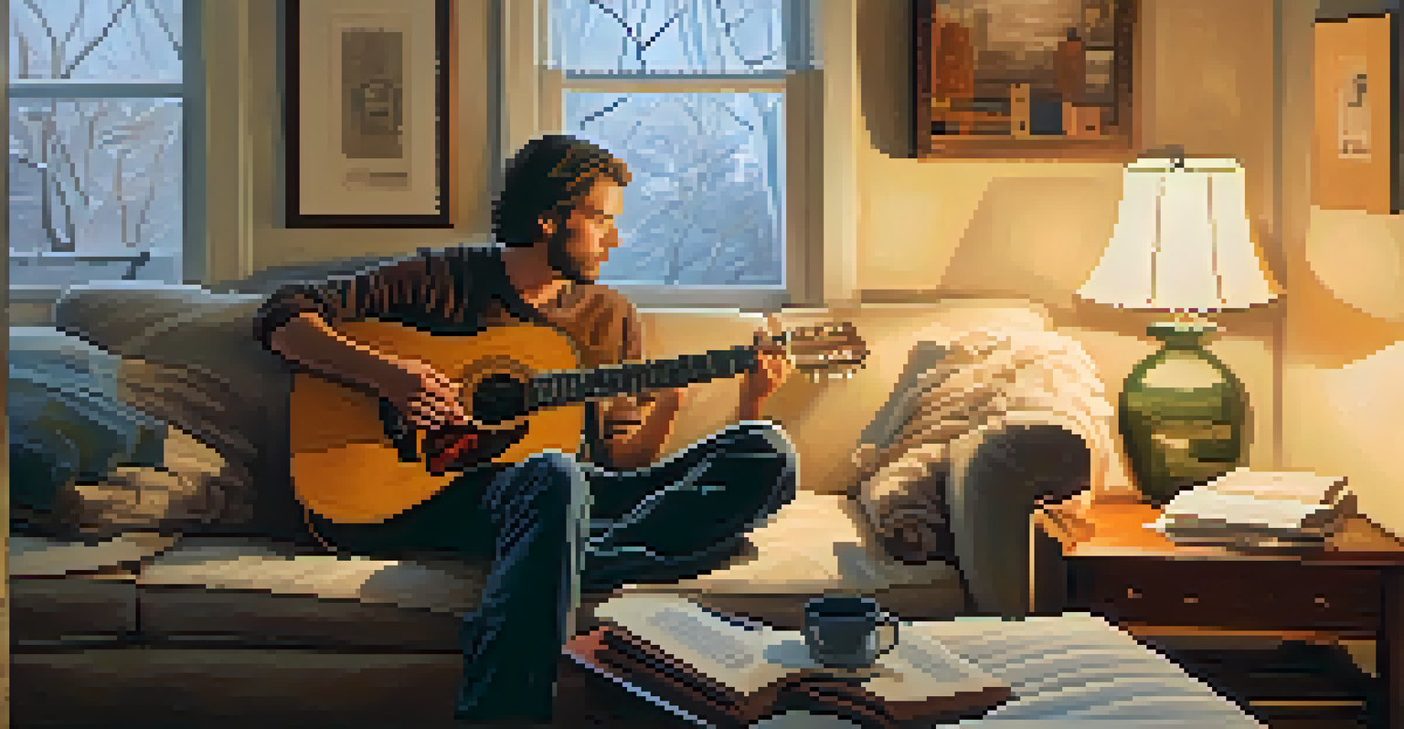 A songwriter sitting on a cozy couch with a guitar and notebooks filled with lyrics, softly lit by a warm lamp.