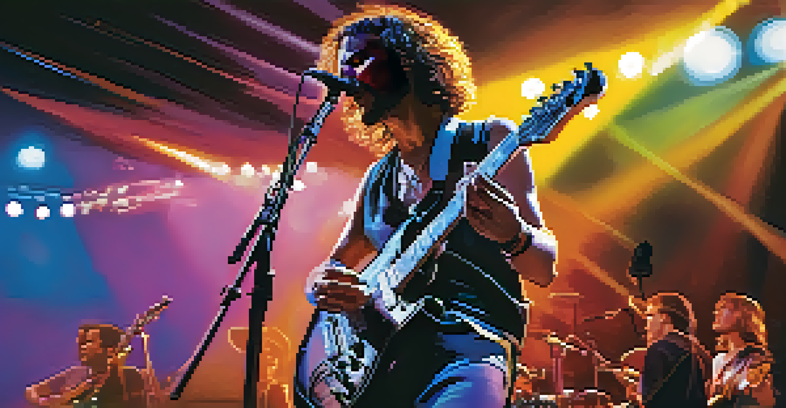 A musician playing an electric guitar on stage, with strap locks visible, surrounded by colorful stage lights and an engaged audience.