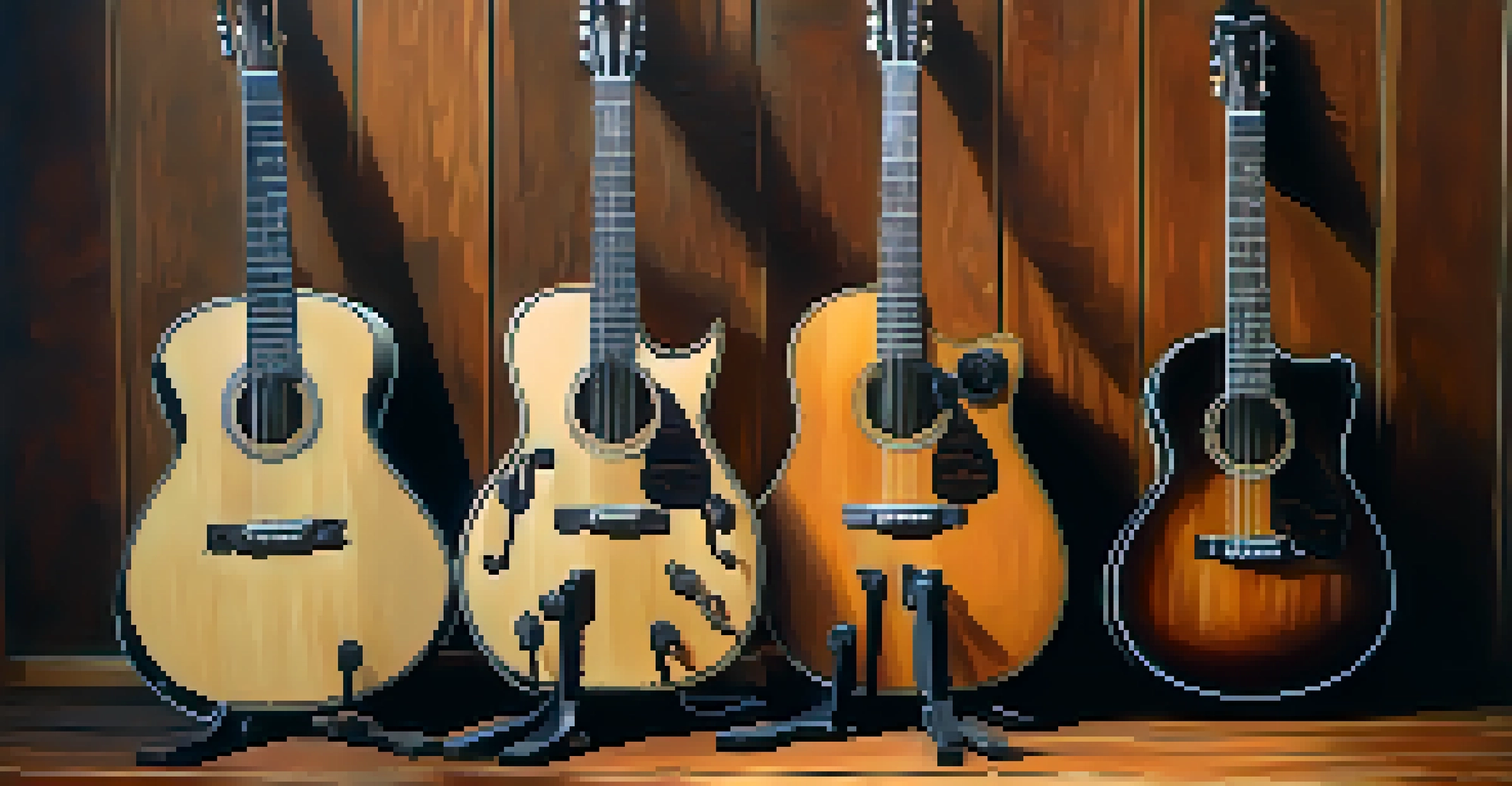 A collection of different guitar types including electric, acoustic, and classical guitars arranged on a wooden table with natural light.