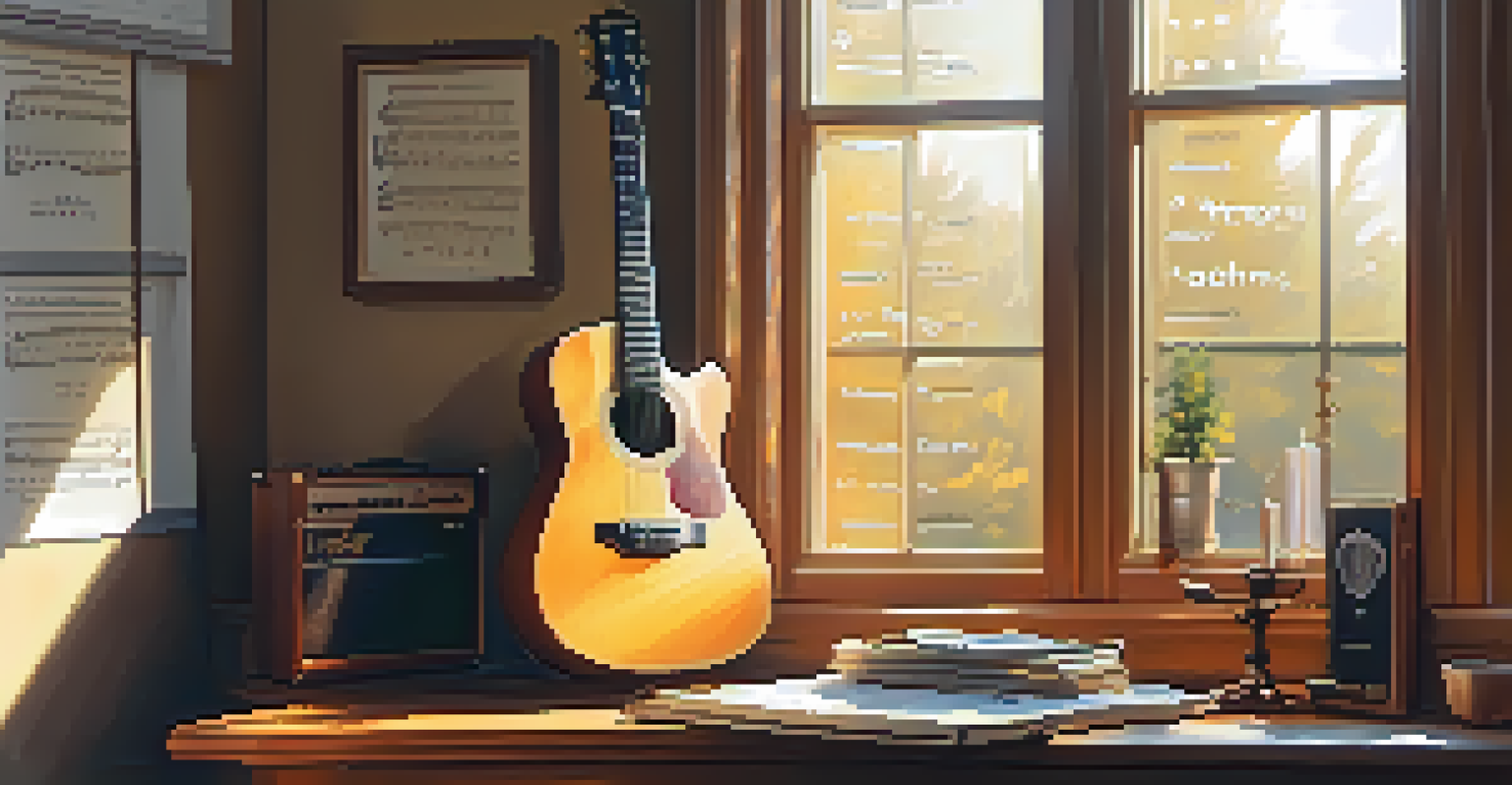An arrangement of guitar scales and chord diagrams on a wooden table, with a guitar and sheet music, illuminated by warm sunlight.