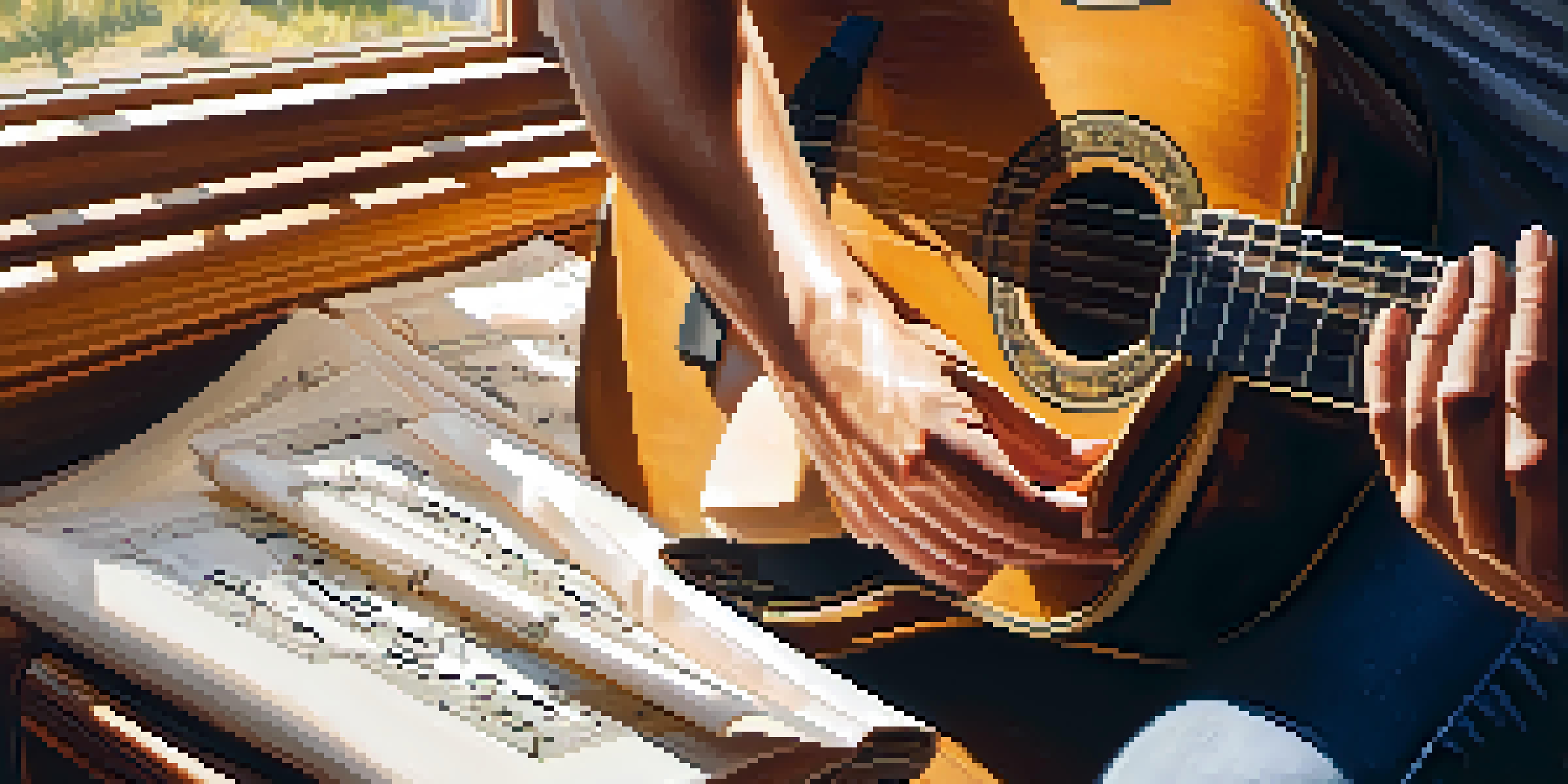 A person playing an acoustic guitar with sheet music in a bright room, showcasing the texture of the guitar and warm lighting.