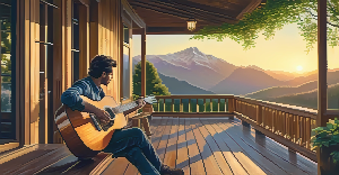 A guitarist playing an acoustic guitar on a wooden porch at sunset, surrounded by nature.