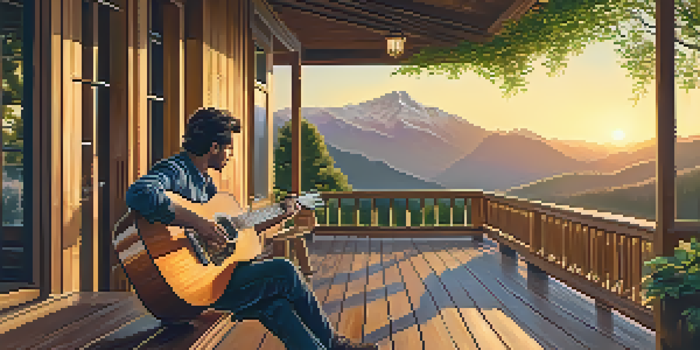 A guitarist playing an acoustic guitar on a wooden porch at sunset, surrounded by nature.
