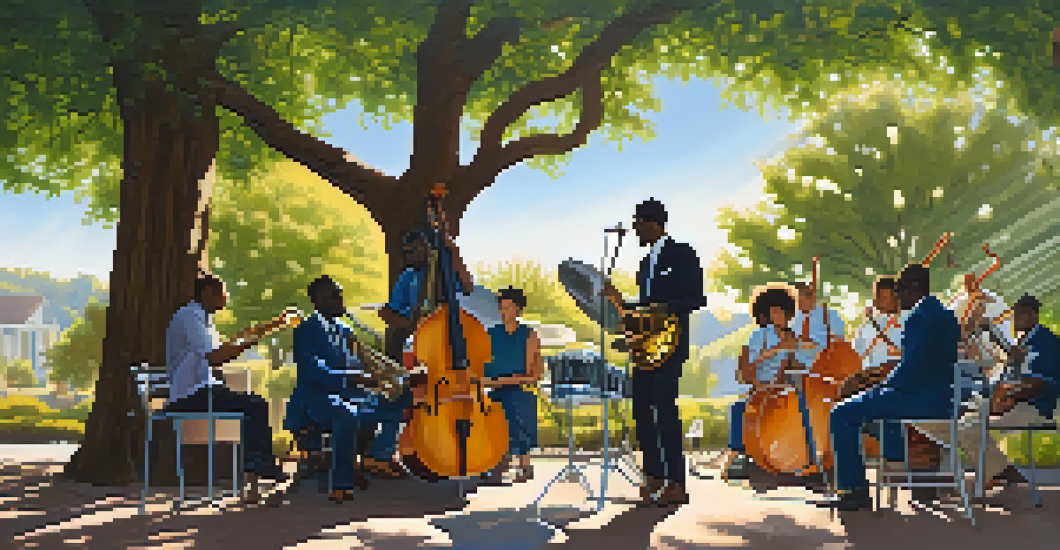 A group of musicians having a jazz jam session outdoors under a tree.