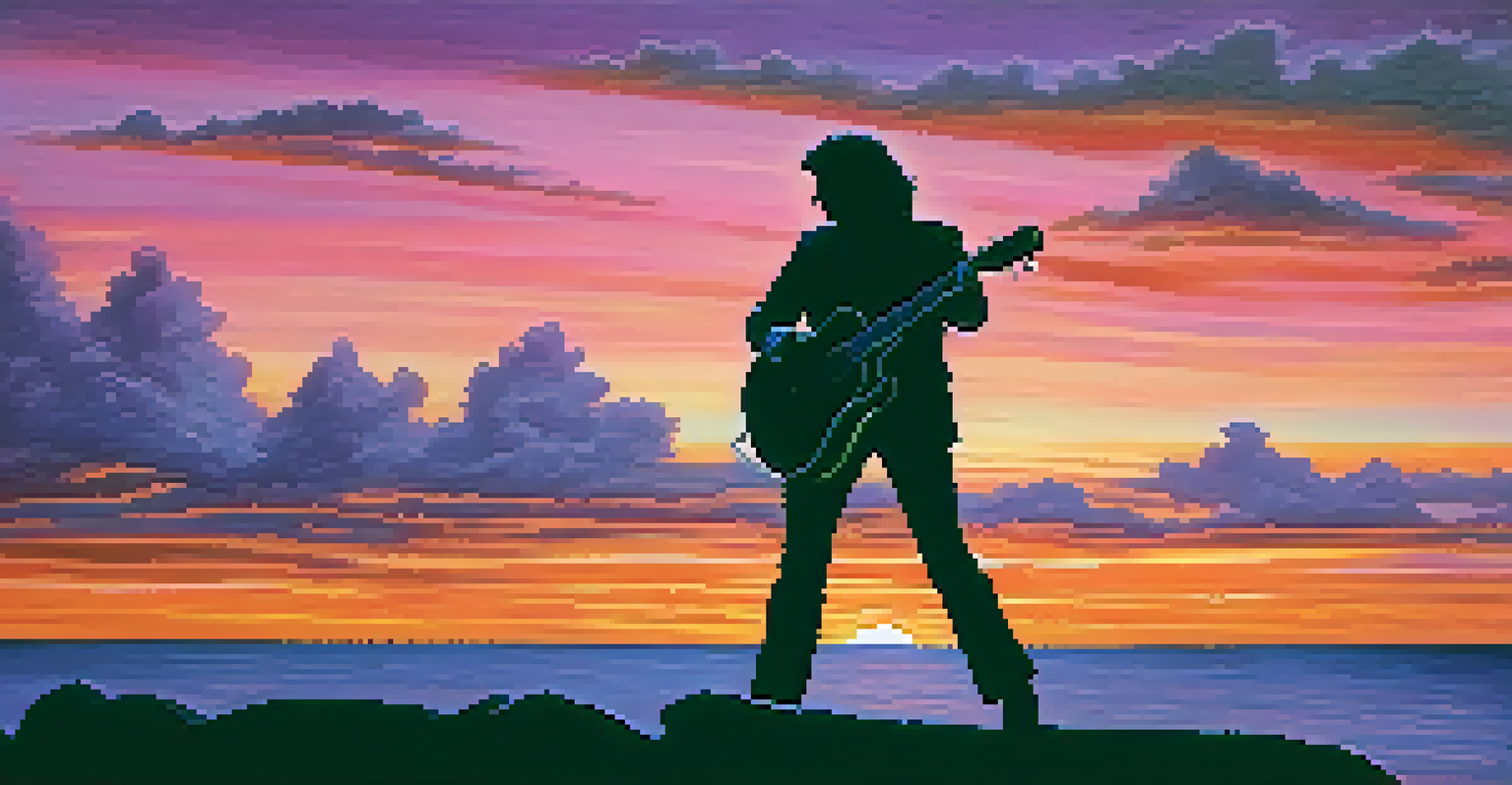 A silhouette of a rock and roll musician performing against a vibrant sunset backdrop, with colorful sky hues representing energy and passion.