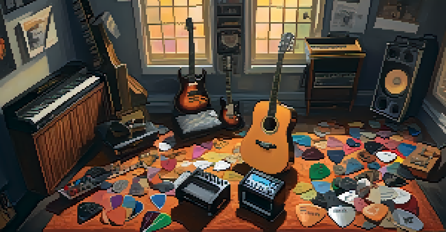 An overhead view of a guitarist's practice area with a metronome, notebook, and guitar picks, illuminated by warm lighting.