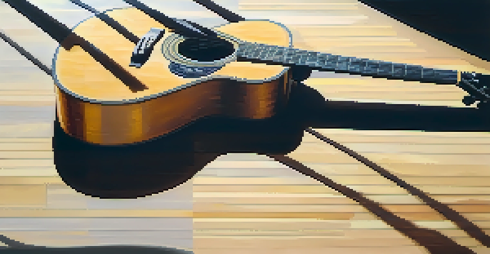A close-up view of an acoustic guitar on a wooden floor, illuminated by sunlight, with sheet music and a metronome nearby.