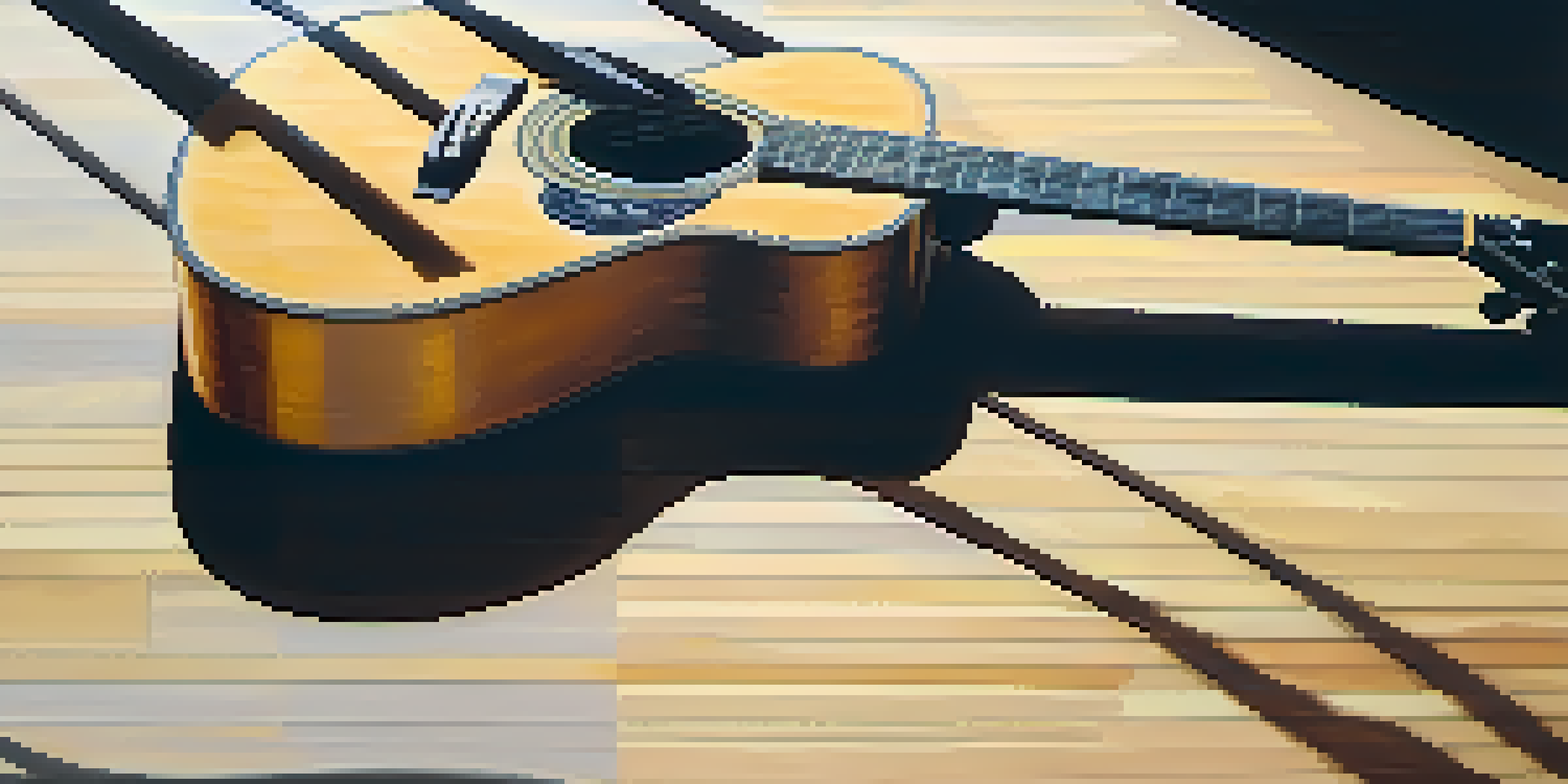 A close-up view of an acoustic guitar on a wooden floor, illuminated by sunlight, with sheet music and a metronome nearby.