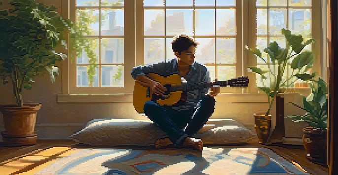 A person sitting on a rug, playing an acoustic guitar in a sunlit room filled with plants and musical notes.