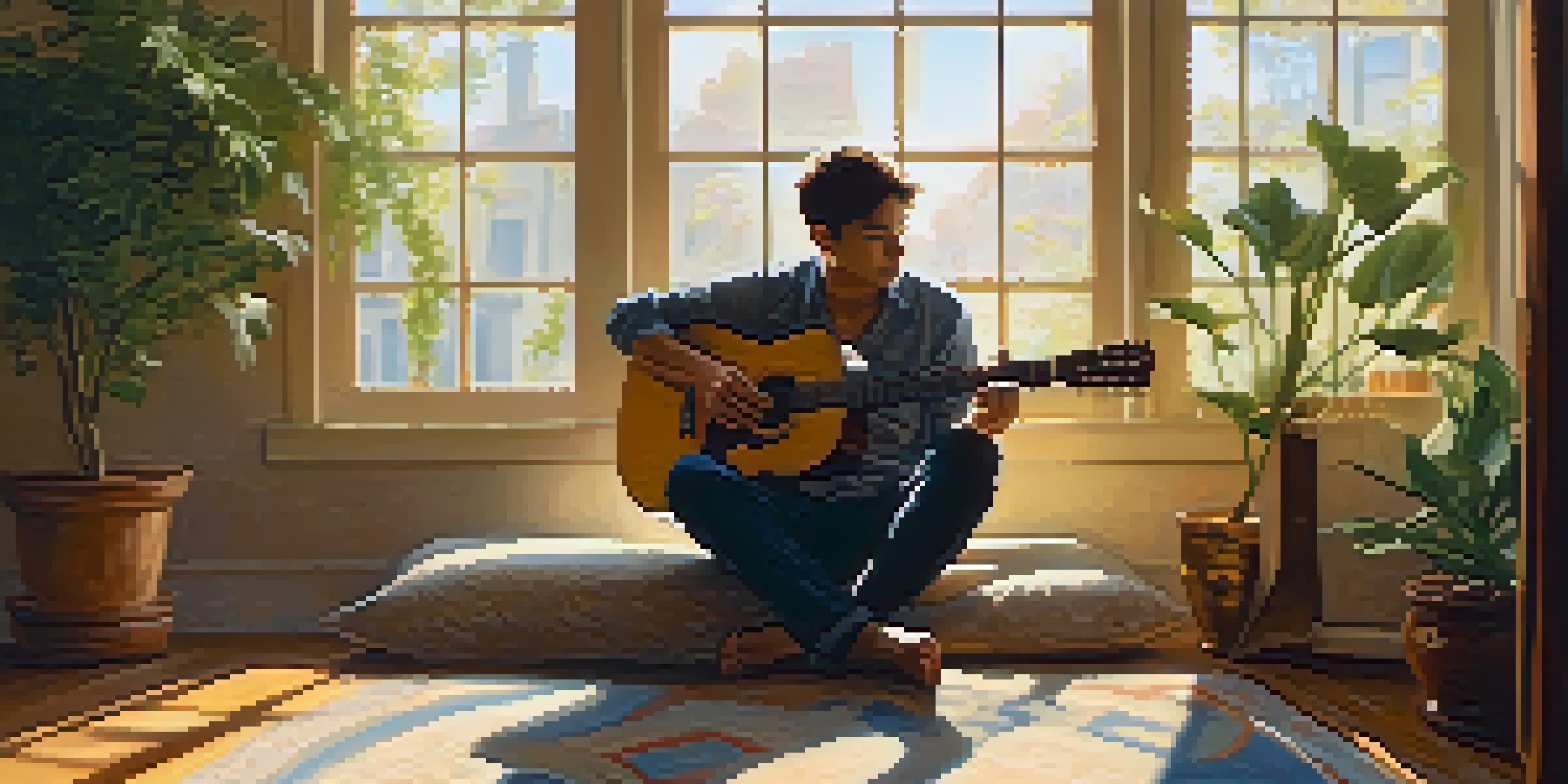 A person sitting on a rug, playing an acoustic guitar in a sunlit room filled with plants and musical notes.