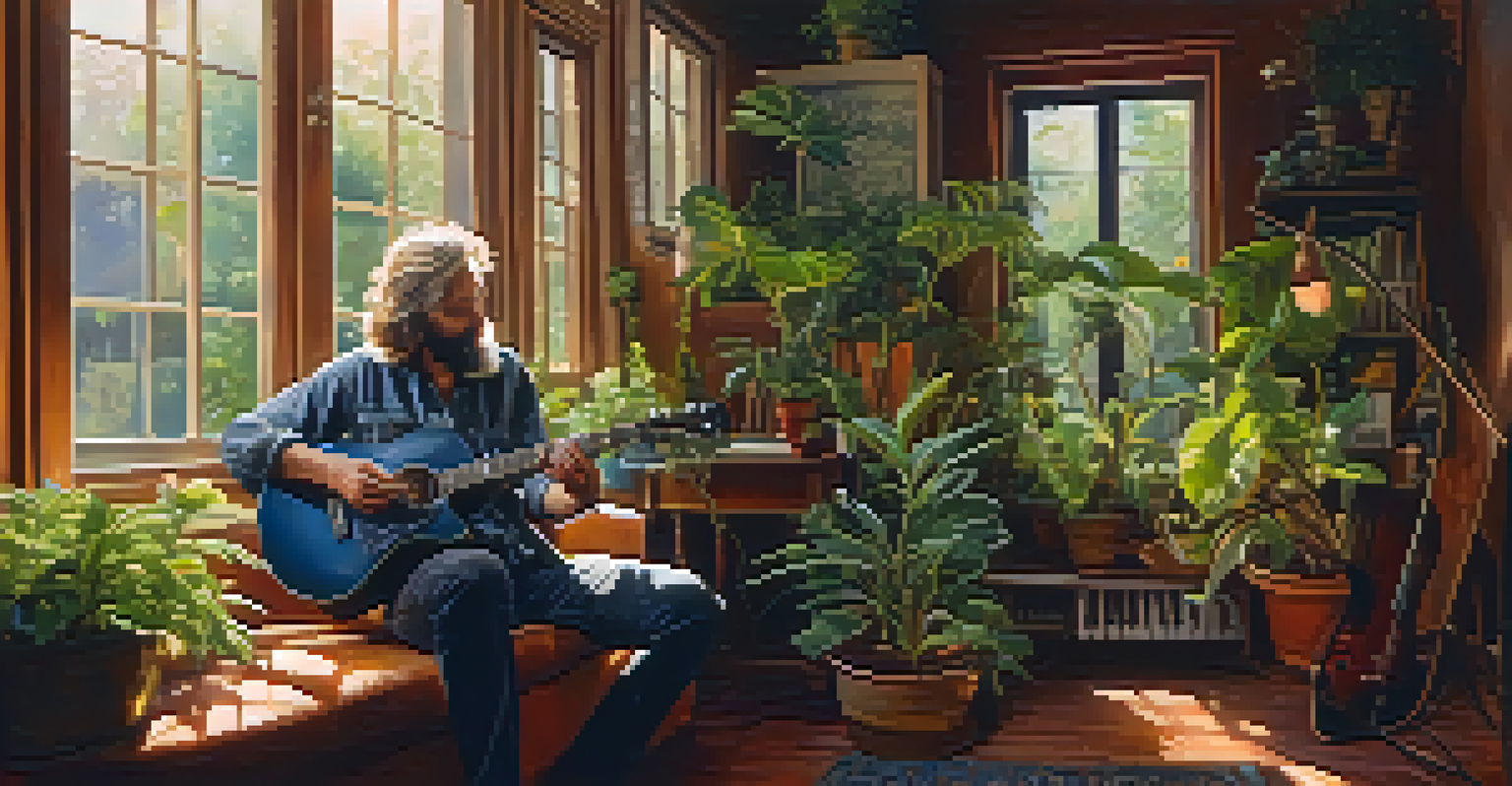 An older man playing slide guitar in a cozy room with plants and warm lighting.