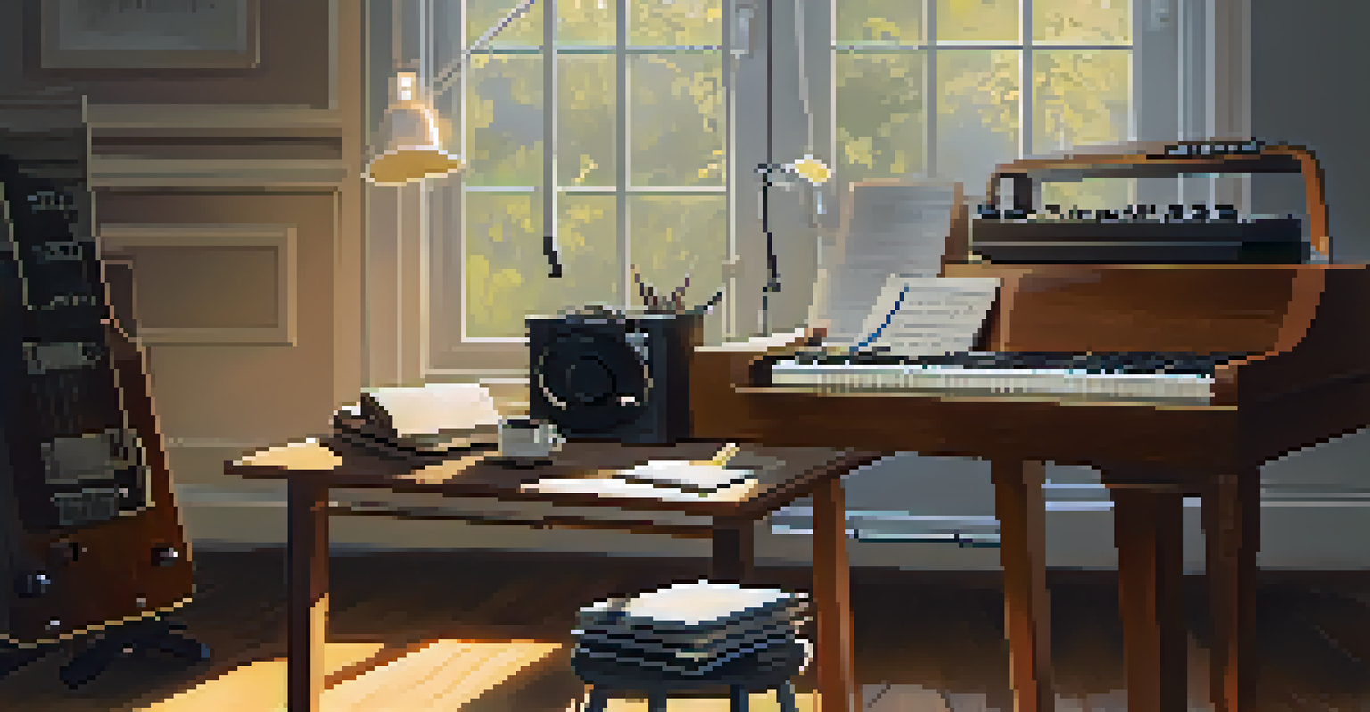 A cozy workspace with a guitar, effects pedals, and handwritten notes, illuminated by natural light.