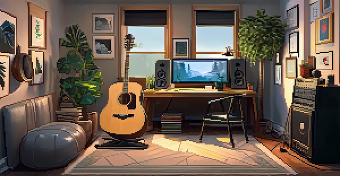 A cozy home studio with a guitar streamer setup, including a guitar, computer screen, and warm lighting.