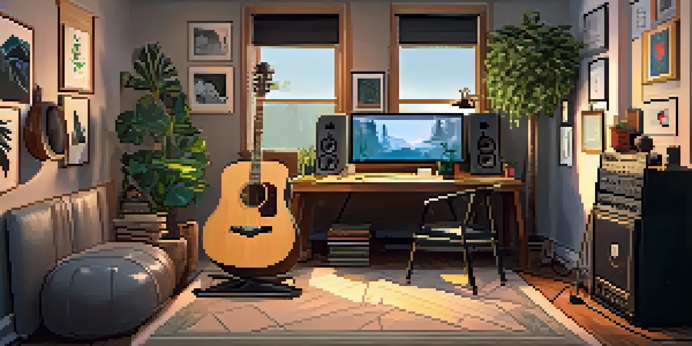 A cozy home studio with a guitar streamer setup, including a guitar, computer screen, and warm lighting.