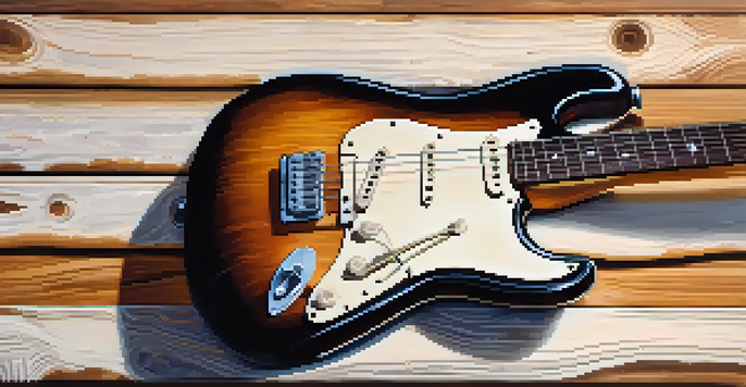 A vintage electric guitar leaning against a wooden wall, softly illuminated, with musical notes in the background.