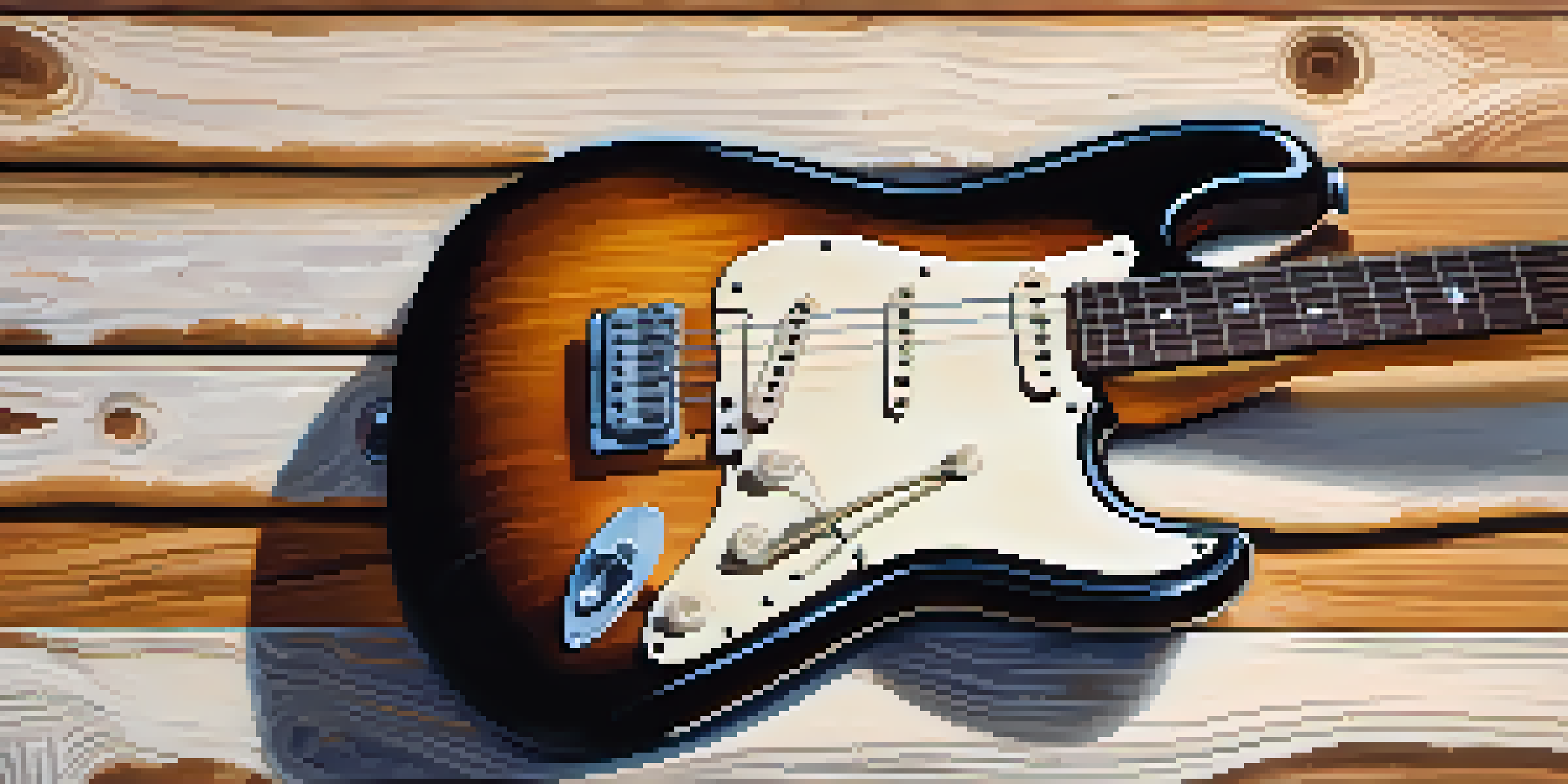 A vintage electric guitar leaning against a wooden wall, softly illuminated, with musical notes in the background.