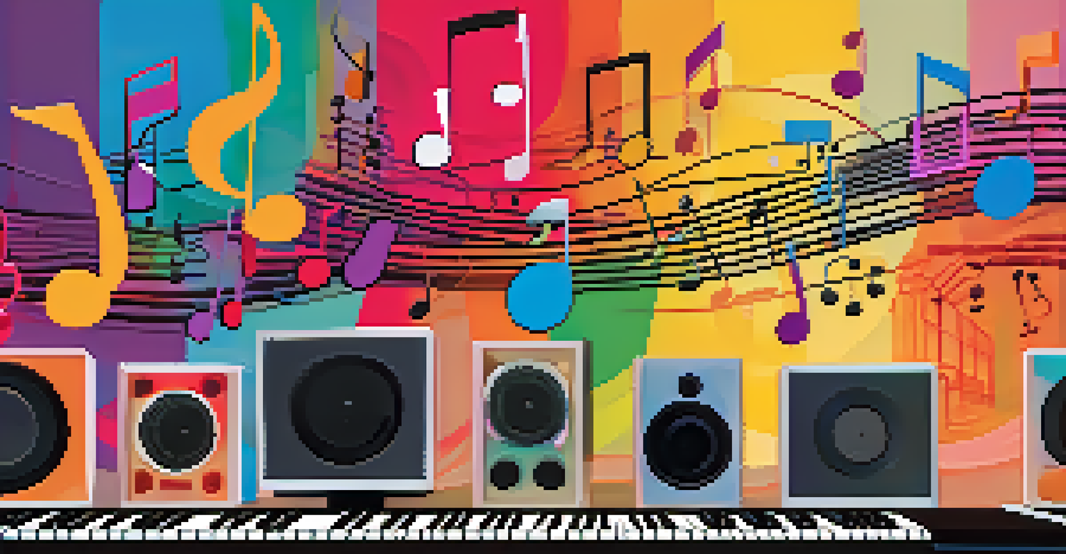 An abstract representation of an online music jam session with sound waves and musical notes connecting different digital devices.