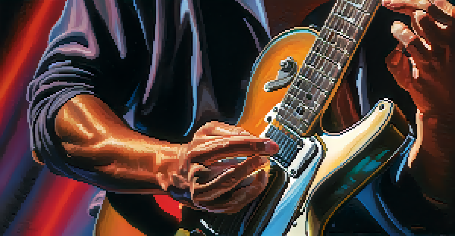 A close-up of a guitar player's hands strumming an electric guitar on stage, with colorful lights creating a lively atmosphere.