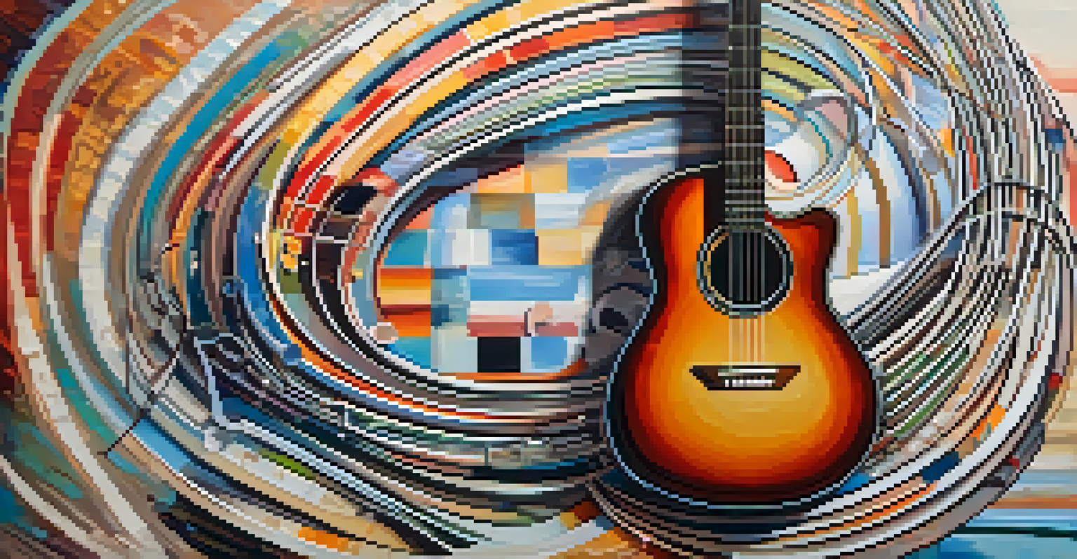 An artistic depiction of musical notes swirling around a guitar, with vibrant colors symbolizing emotional power.