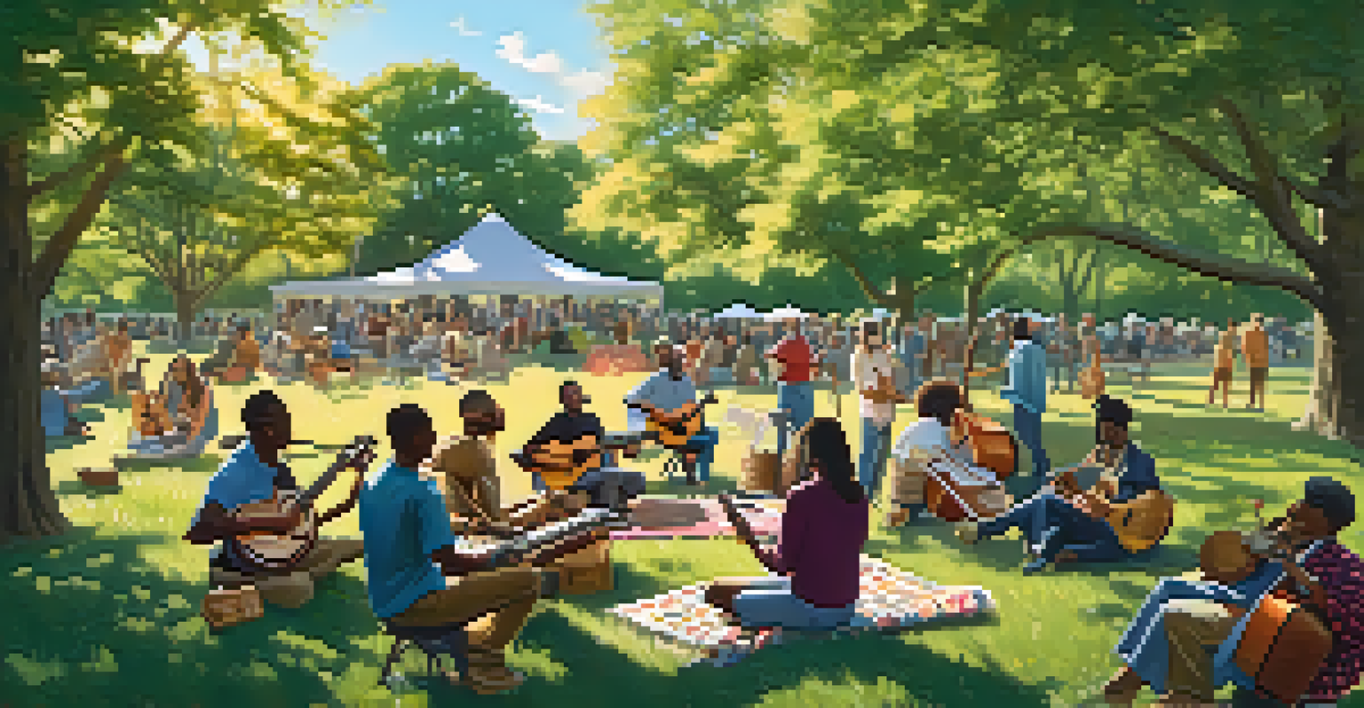 A diverse group of musicians collaborating in a sunny park during an outdoor jam session.