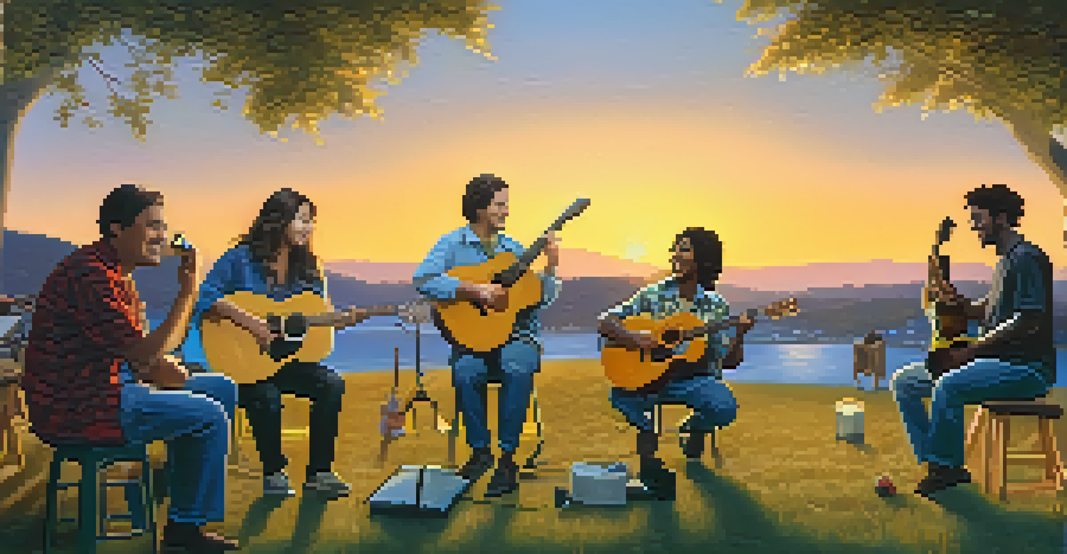 A guitarist jamming with friends outdoors at twilight, surrounded by laughter and applause, with a warm sunset glow illuminating the scene.