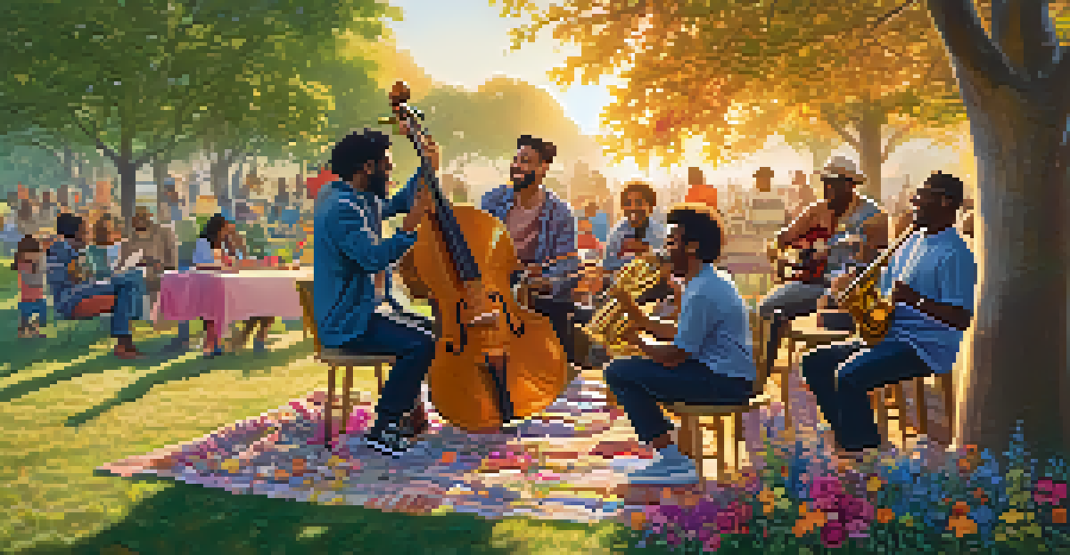 A diverse group of musicians jamming together in a park during sunset.