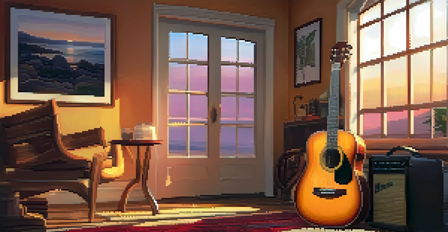 A travel guitar next to a backpack in a cozy room, with warm lighting and a sunset view through the window.