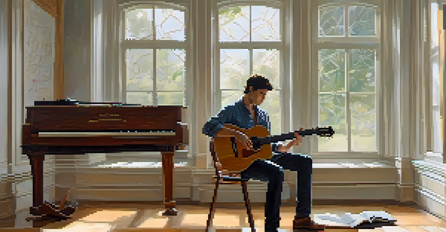 A guitarist practicing tapping techniques in a bright, cozy room with sheet music and a guitar stand.