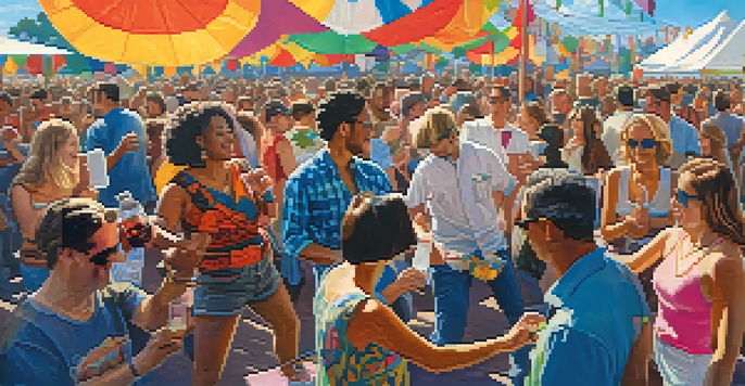 A lively outdoor guitar festival with a diverse crowd dancing and enjoying the music, colorful outfits, and a musician performing on stage.
