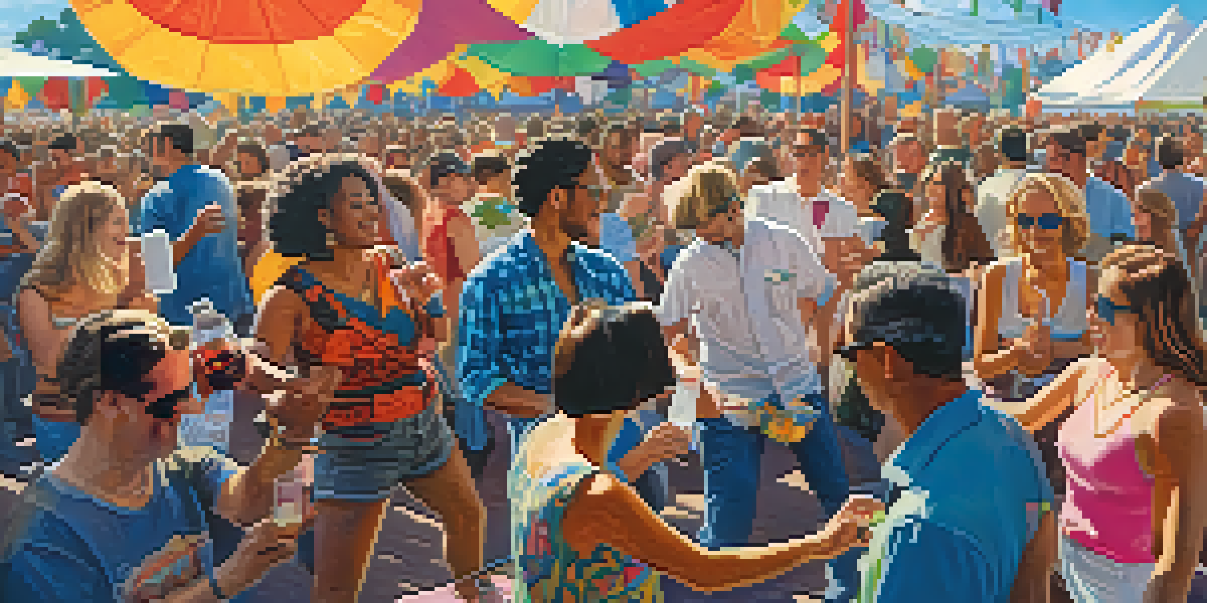 A lively outdoor guitar festival with a diverse crowd dancing and enjoying the music, colorful outfits, and a musician performing on stage.