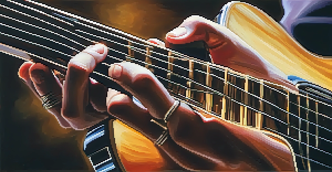 A close-up view of a guitarist's hands bending guitar strings, with a blurred background and warm lighting.