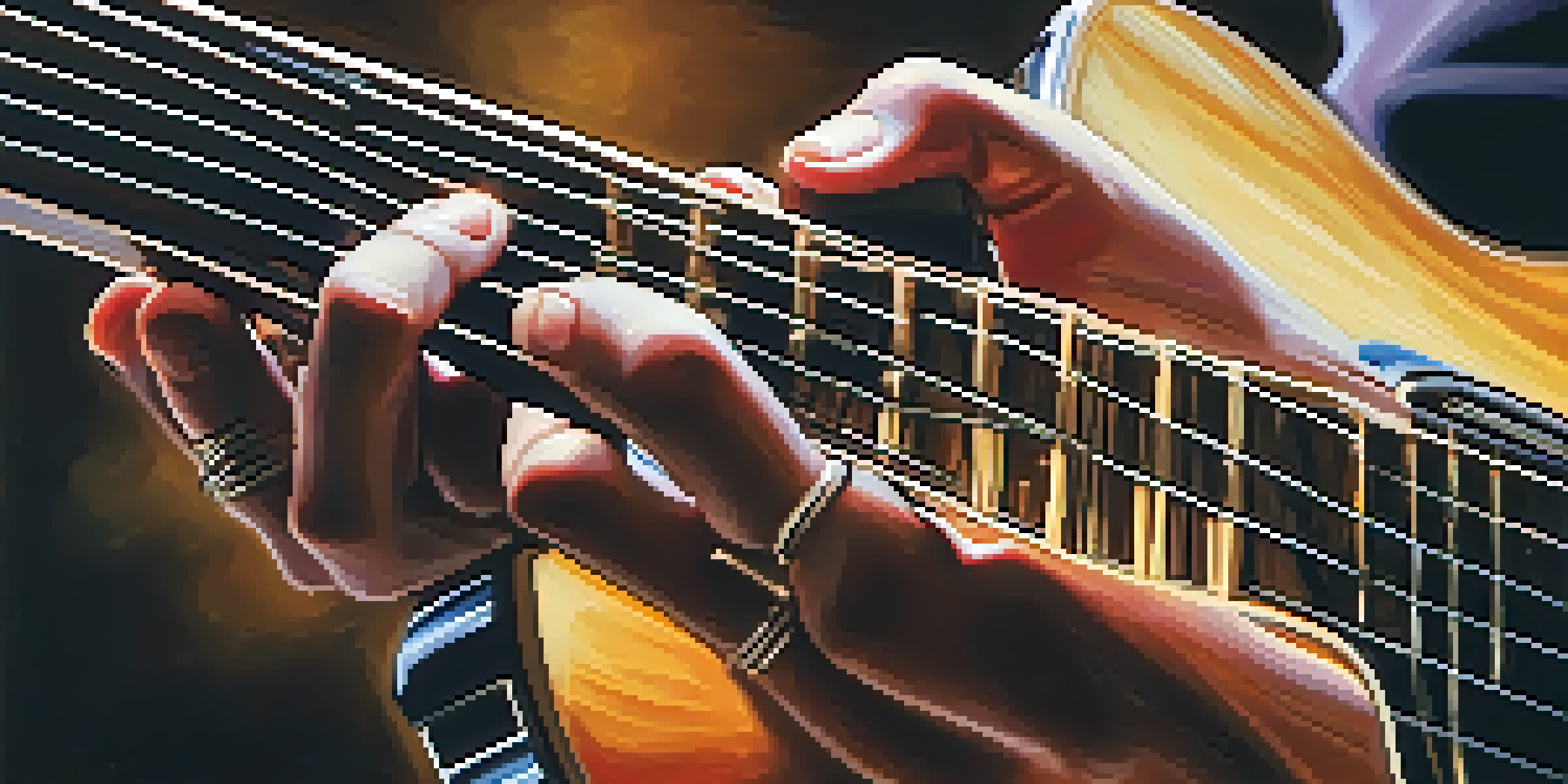 A close-up view of a guitarist's hands bending guitar strings, with a blurred background and warm lighting.