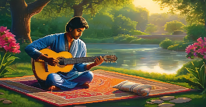 A guitarist in a lush garden, playing a sitar-inspired guitar at sunset, surrounded by colorful flowers and a flowing stream.