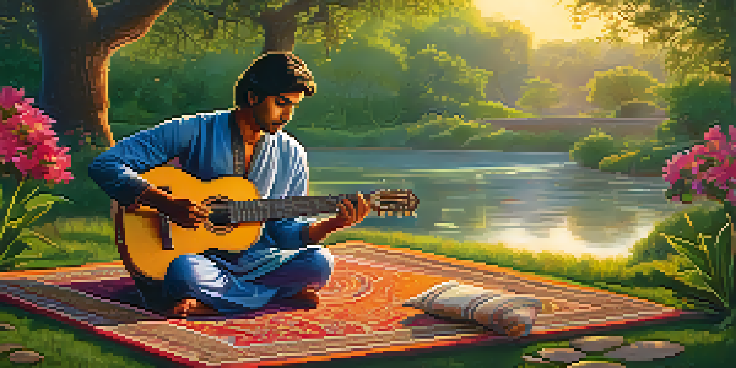 A guitarist in a lush garden, playing a sitar-inspired guitar at sunset, surrounded by colorful flowers and a flowing stream.