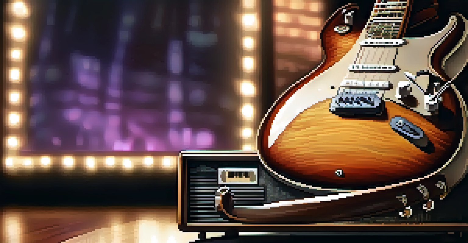 A close-up view of a vintage electric guitar and wooden amplifier in a softly lit jazz club.