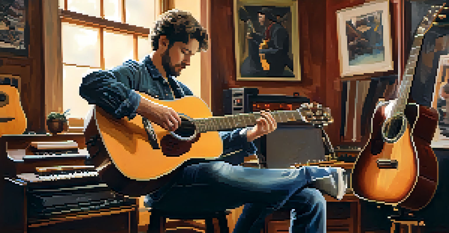 An artist seated in a cozy studio, playing a multi-scale guitar with a variety of music equipment around them, in a warm and inviting setting.