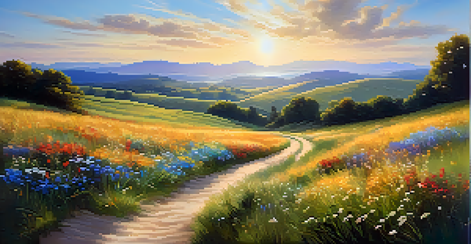 A bright and sunny meadow filled with colorful wildflowers, rolling hills in the background, and a winding path under a blue sky with fluffy clouds.