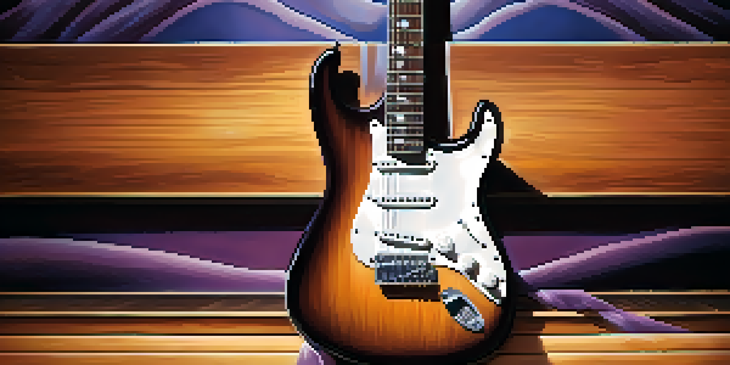 A close-up of an electric guitar on a wooden stage, illuminated by soft light, with a colorful rock music mural in the background.