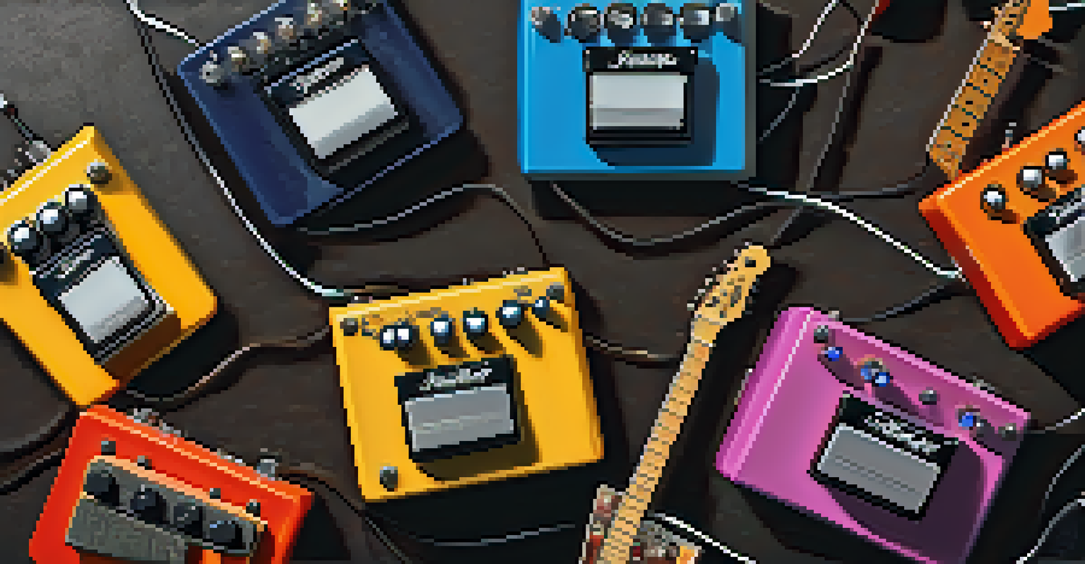 A creative layout of guitar pedals with glowing LED lights on a textured surface.