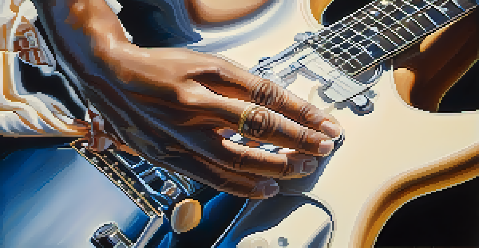 Close-up of a guitarist's hands playing an electric guitar under stage lights.