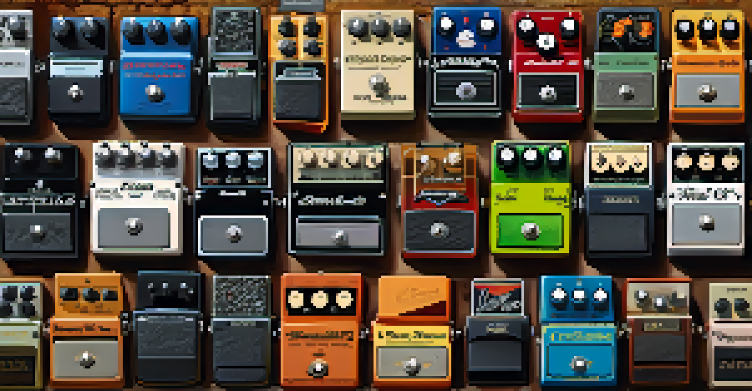 A visually appealing arrangement of guitar effects pedals on a textured surface, showcasing their colorful designs.