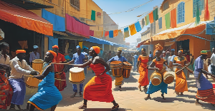 A lively street scene in West Africa with musicians playing guitar and traditional instruments, surrounded by colorful dancers and market stalls.