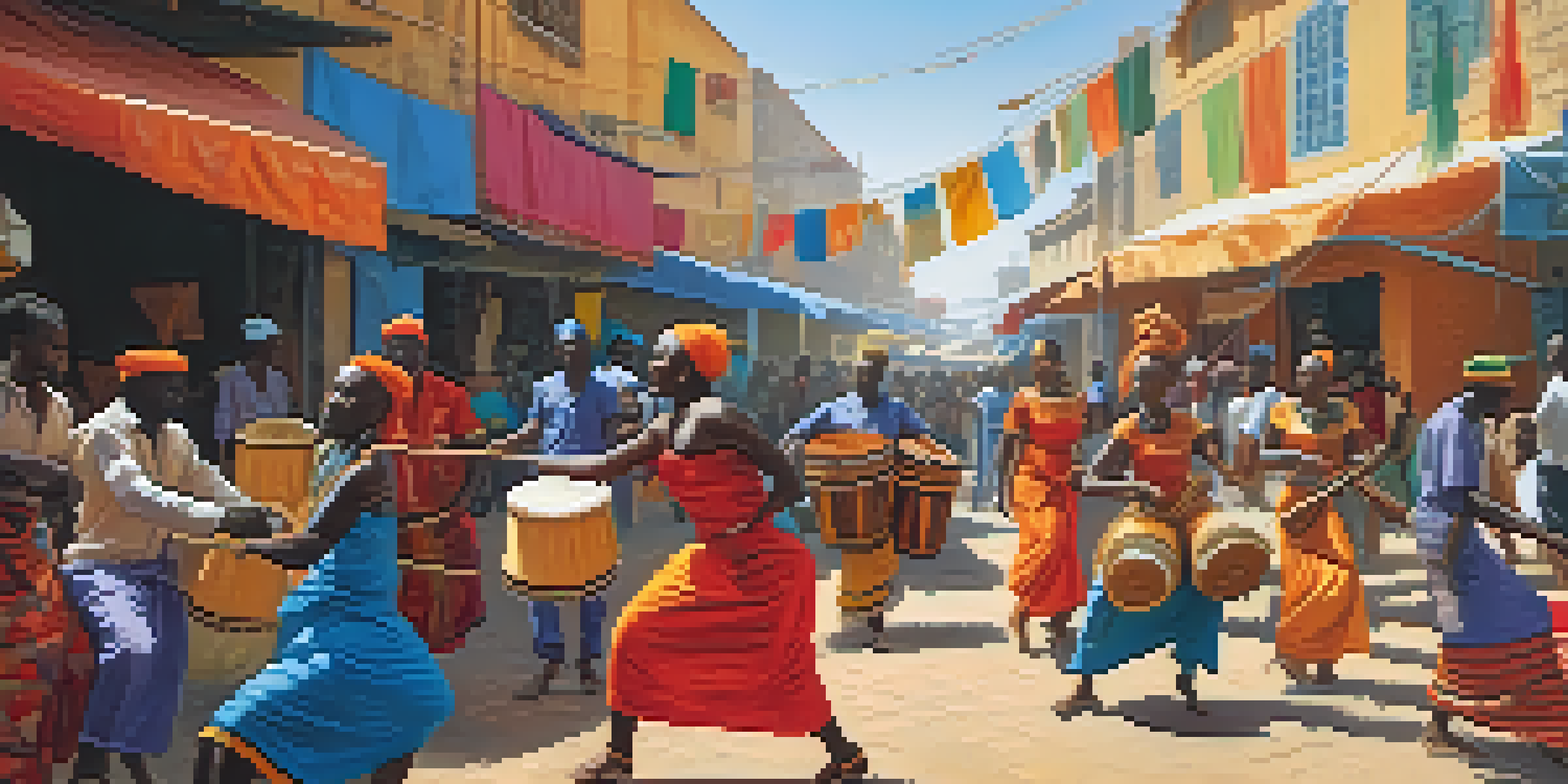 A lively street scene in West Africa with musicians playing guitar and traditional instruments, surrounded by colorful dancers and market stalls.