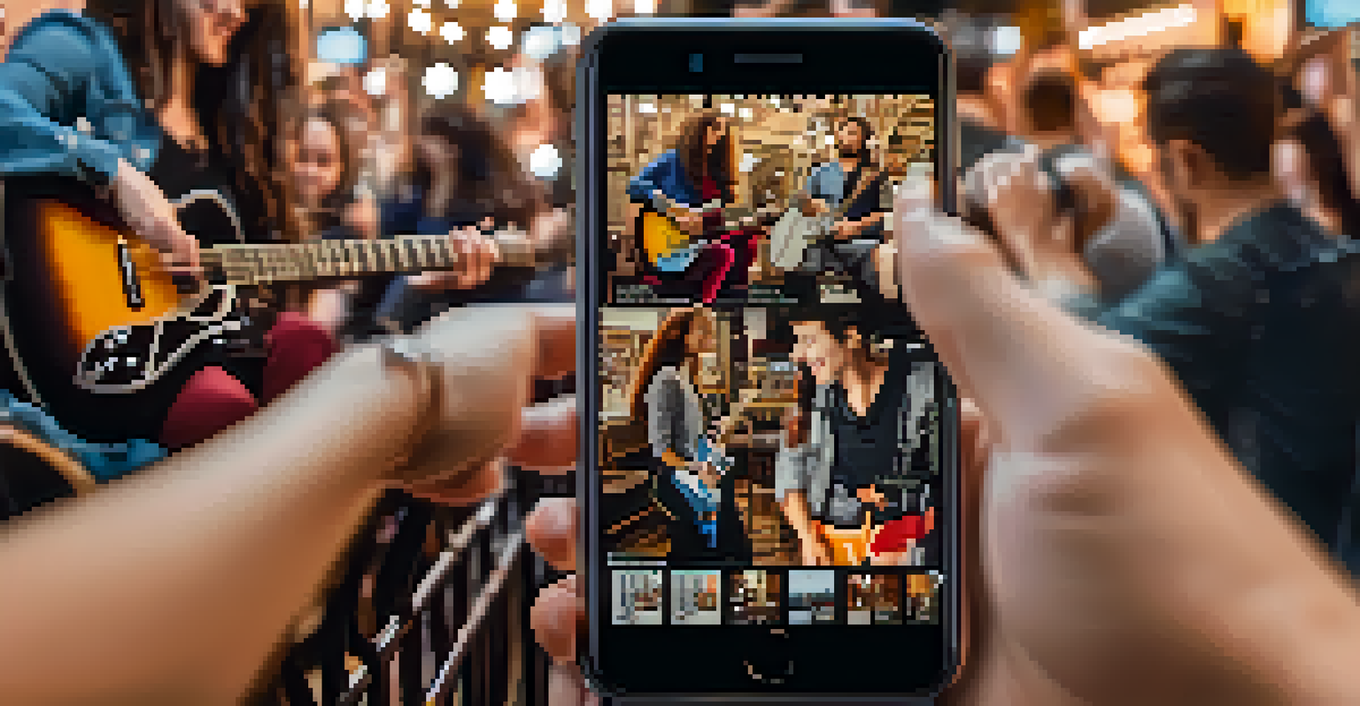A smartphone showing a vibrant social media feed of guitar performances in a café setting.
