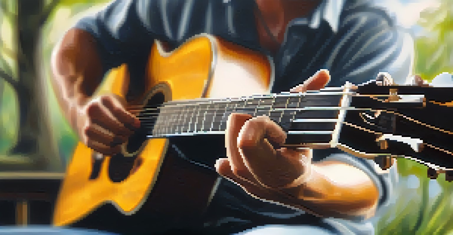 Hands skillfully playing an acoustic guitar with a blurred outdoor background.