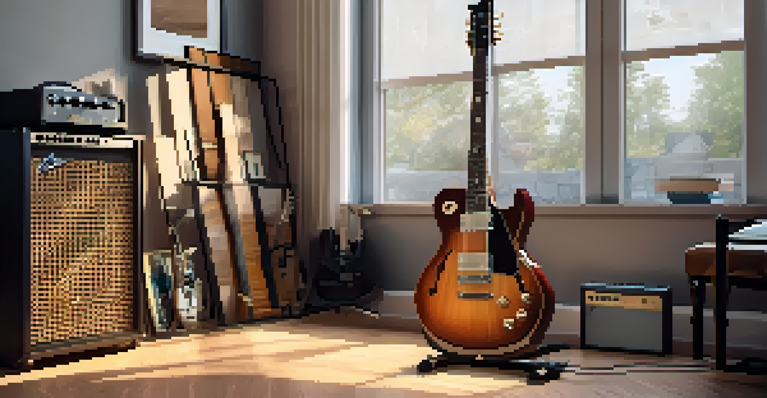A home studio setup with an electric guitar on a stand beside a digital reverb pedal, with acoustic panels and natural light creating a cozy atmosphere.