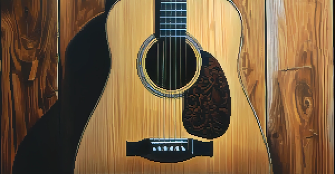 A close-up of an acoustic guitar against a rustic wooden wall, illuminated by sunlight.