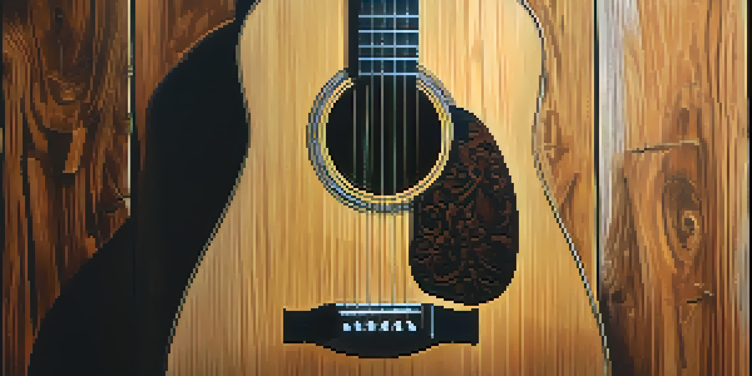 A close-up of an acoustic guitar against a rustic wooden wall, illuminated by sunlight.